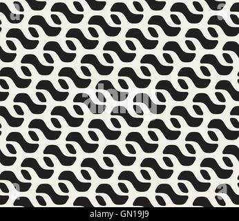 Vector Seamless Black and White Rounded Wavy Diagonal Line Lattice Pattern Stock Vector