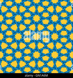 Vector Seamless Blue Yellow Islamic Interlacing Line Star Geometric Pattern Stock Vector
