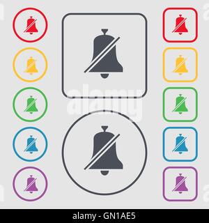 No bell, Prohibition icon sign. symbol on the Round and square buttons with frame. Vector Stock Vector