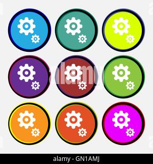 gears icon sign. Nine multi colored round buttons. Vector Stock Vector