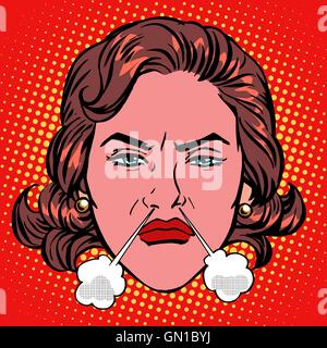 Retro Emoji rage anger boiling woman face Stock Vector