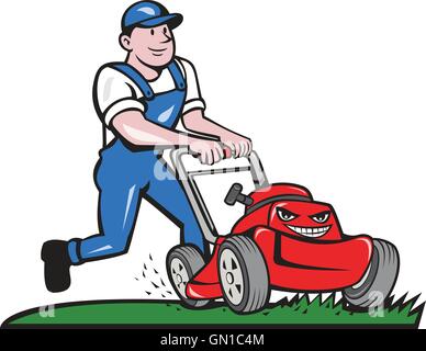 Gardener Mowing Lawn Mower Cartoon Stock Vector