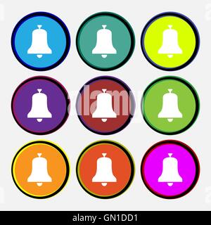 Alarm bell icon sign. Nine multi colored round buttons. Vector Stock Vector