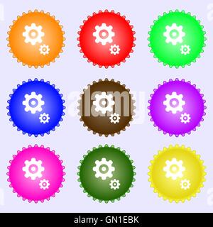 gears icon sign. A set of nine different colored labels. Vector ...