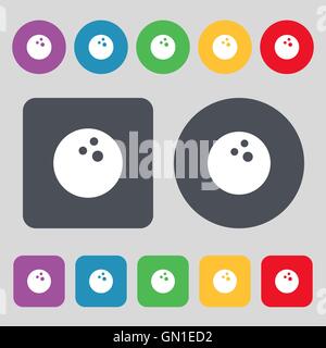 Bowling game, ball icon sign. A set of 12 colored buttons. Flat design. Vector Stock Vector