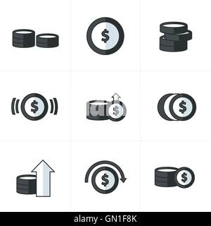 Coins Icons Set, black and white Stock Vector