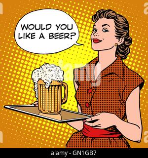 The waitress beer on a tray Stock Vector