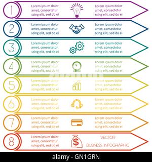 Infographic template from Colourful lines with text areas on eight positions Stock Vector