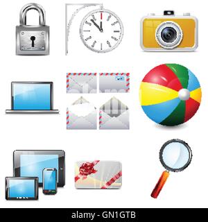 Set 14 vector realistic icons,  camera,  laptop, mobile phone,  tablet, magnifying glass, colorful  ball, metallic padlock Stock Vector