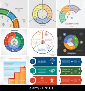 Set 9 templates, Infographics for business conceptual cyclic processes from three positions Stock Vector
