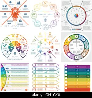 Set 9 templates. Infographics for business conceptual cyclic processes. Eight  positions possible to use for workflow, banner Stock Vector