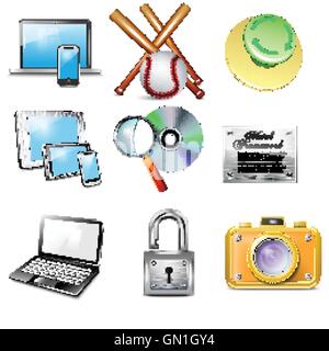Set 9 vector realistic icons, camera, laptop, mobile phone, tablet, magnifying glass, disk, metallic padlock, baseball bat Stock Vector