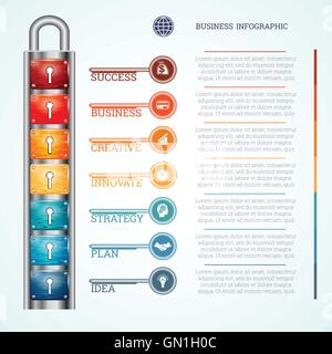 Abstract Creative concept vector business infographics, template padlock with seven keyholes and keys, 7 positions Stock Vector