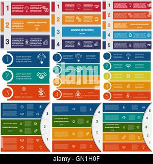 9 templates, Infographics cyclic processes, Business concept,  colorful strips on three, four, five options Stock Vector