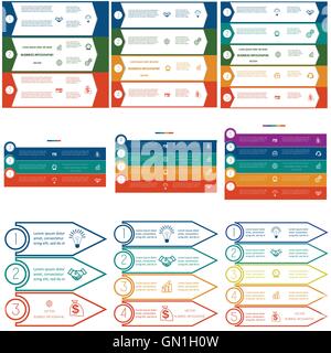 Infographics cyclic processes, 9 templates, Business concept, colorful strips on three, four, five options Stock Vector