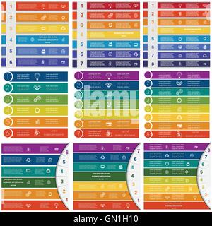 Set Infographic Vector templates colorful strips numbered with place for text on 6, 7, 8 positions or steps Stock Vector