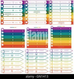 Infographics cyclic processes, 9 templates, Business concept, colorful strips on six, seven, eight options Stock Vector