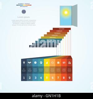 Vector illustration Infographic template steps up ladders and doorway, sky, sun, startup business concept with nine steps Stock Vector