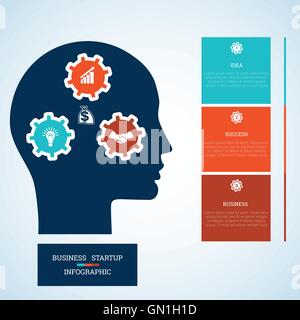 Vector image for infographic, head with gearwheels, thinking human target purpose startup business concept, template 3 Stock Vector