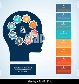 Vector image for infographic, head with gearwheels, thinking human target purpose startup business concept, template 8 Stock Vector