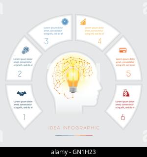 Head, lightbulb, brain, Conceptual idea infographics vector template six positions for text area, possible to use for workflow, Stock Vector