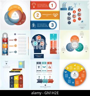 Infographics 9 templates business conceptual cyclic processes three positions for text, possible to use for workflow, banner, di Stock Vector