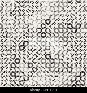Vector Seamless Black and White Dashed Line Random Sunburst Circles Pattern Stock Vector