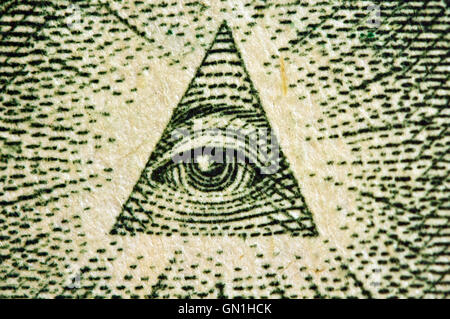 Element of the image of  United States one-dollar bill, pyramid, Eye of Providence can be seen on the reverse of the Great Seal Stock Photo