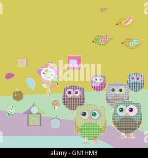 vector owls and birds on tree branches. nature element set Stock Vector