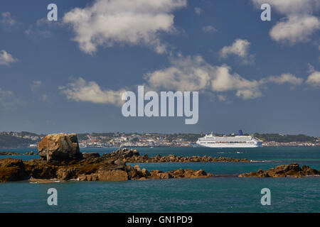 Cruise liners at anchor off St Peter Port Harbour,  P&O Oriana Stock Photo