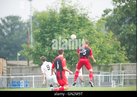 UK. 27th August, 2016. Evo-Stik Division 1 South and West; Winchester FC v Tiverton Town FC. Winchester FC's King winning a header to set up an attack Credit:  Flashspix/Alamy Live News Stock Photo