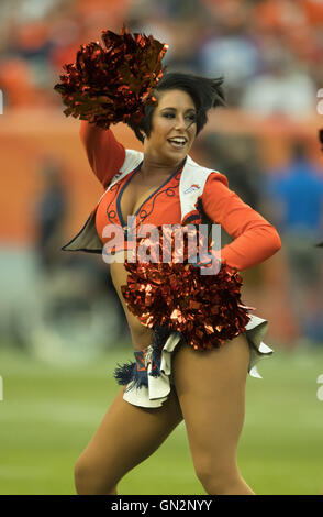 Denver, Colorado, USA. 27th Aug, 2016. Denver Broncos Cheerleader BRIELLE entertains the crowd before the start of the game at Sports Authority Field at Mile High Saturday night. The Broncos beat the Rams 17-9. Credit:  Hector Acevedo/ZUMA Wire/Alamy Live News Stock Photo