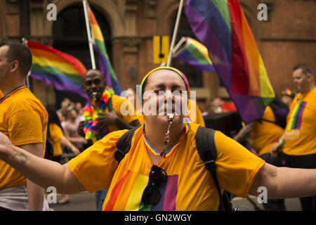 Manchester, UK. 27th August, 2016. Manchester Pride Parade. Woman blowing whistle at Manchester pride parade on the 27th of August 2016 Credit:  Tom McLoughlin/Alamy Live News Stock Photo