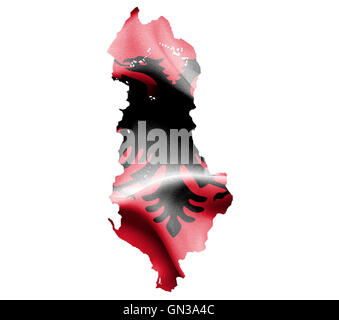 Map of Albania with waving flag isolated on white Stock Photo