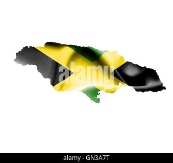 Map of Jamaica with waving flag isolated on white Stock Photo