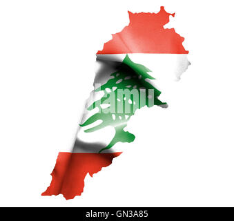 Map of Lebanon with waving flag isolated on white Stock Photo