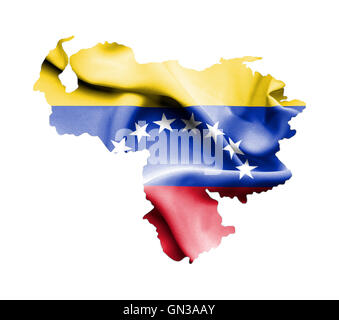 Map of Venezuela with waving flag isolated on white Stock Photo