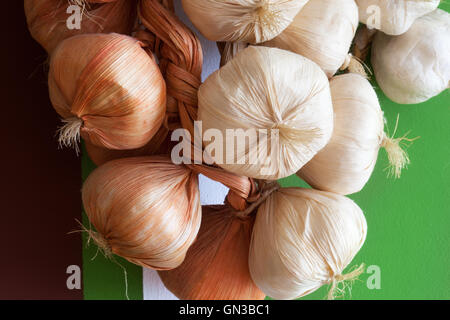 Onions and garlic in a bundle on bright multi-colored stone wall Stock Photo