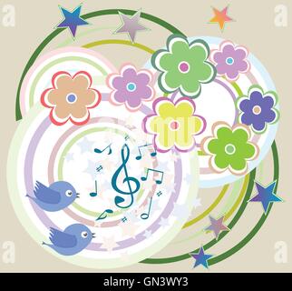 vector birds in love, singing on abstract floral background Stock Vector