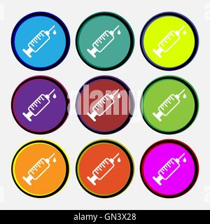 syringe icon sign. Nine multi colored round buttons. Vector Stock Vector