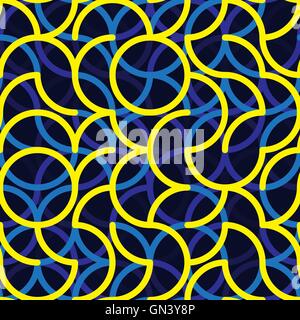 Vector Seamless Blue Yellow Color Iregular Rounded Arc Lines Geometric Pattern Stock Vector