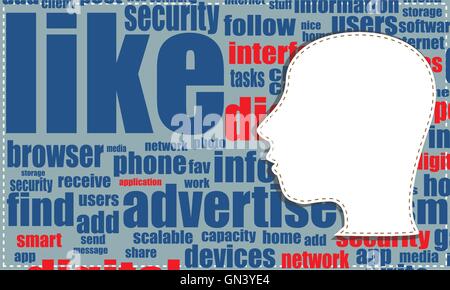 vector Word cloud, tag cloud text business concept. Head silhouette with the words on the topic of social networking. Word colla Stock Vector
