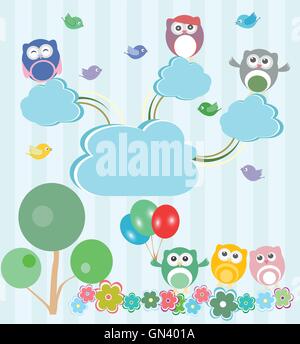 Birds and owls in spring forest. Vector set Stock Vector