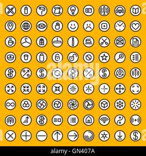 Set of Eighty Vector Minimalistic Line Art Abstract Geometric Black and White Round Icons Stock Vector