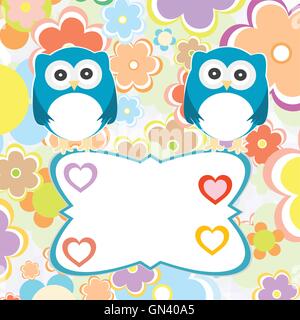 Couple owls birds on a tree branch. Vector background. Stock Vector