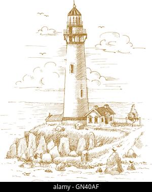 sea beach lighthouse sea bass ship ocean pier bollard tied rope birds animals seagull sit croaks storm nature e Stock Vector