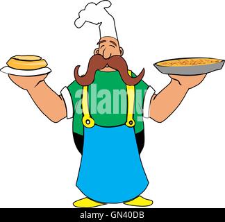 Cartoon cook with pizza and pie in his hands Stock Vector