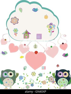 owls, birds, flowers, cloud and love heart, vector illustration Stock Vector