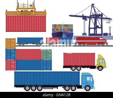Containers by truck and container ship at the industrial port terminal Stock Vector