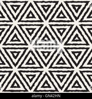 Vector Seamless Black And White Hand Painted Line Geometric Triangle Grid Pattern Vector Seamless Black And White Pattern Stock Vector